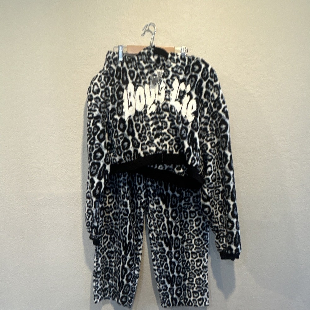 Boys Lie Leopard Animal Print Cherub 2-Pc Fleece Zip Hoodie & Pants Set XS/S